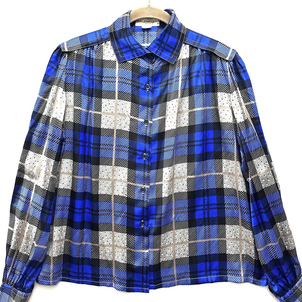 Balenciaga‎ Silk Blouse Sz 46 XL 14-16 Blue Plaid Top Vintage 80s Chic